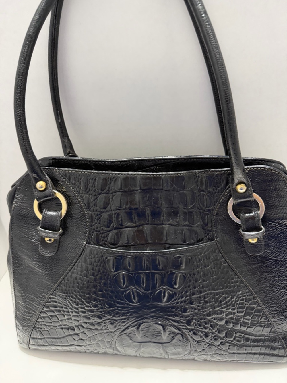 Brahmin Black Croc-Embossed Leather Shoulder Tote - Picture 1 of 9
